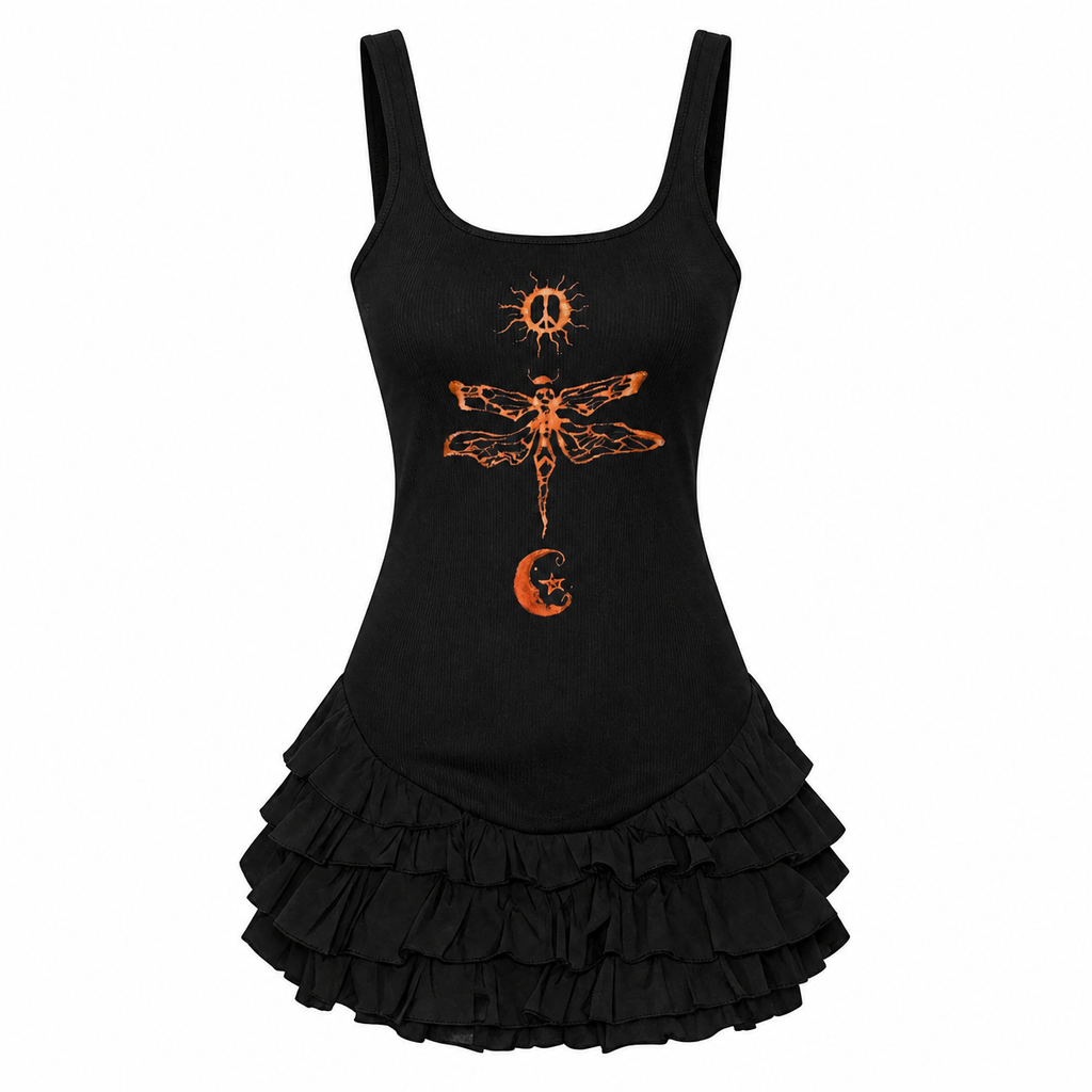Grunge Gothic Celestial Print Black Mini Dress