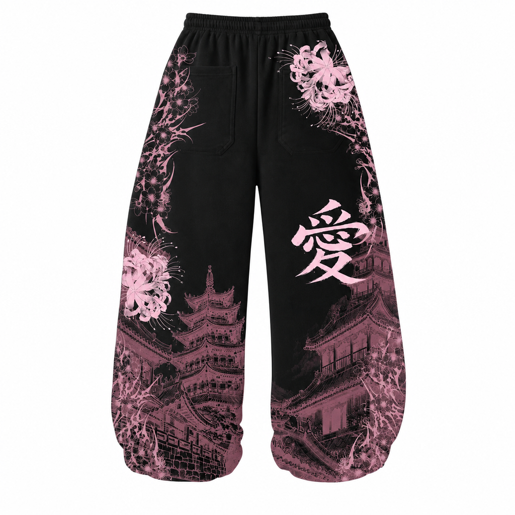 Black Wide-Leg Graphic Pants with Floral and Japanese-Inspired Print