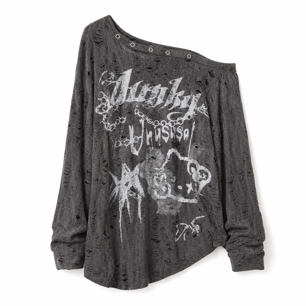 Distressed Off-Shoulder Graphic Long-Sleeve T-Shirt