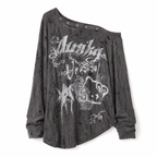 Distressed Off-Shoulder Graphic Long-Sleeve T-Shirt