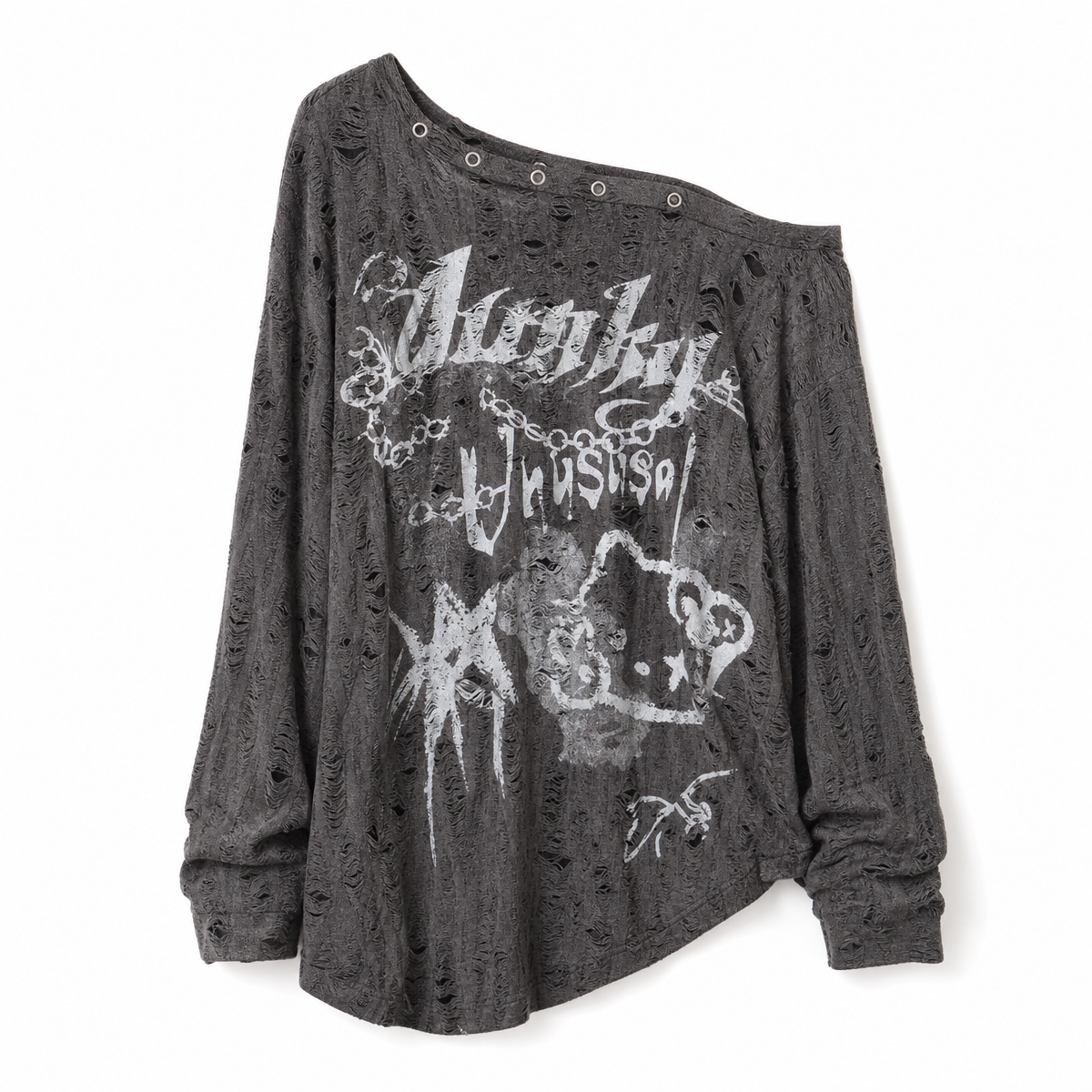 Distressed Off-Shoulder Graphic Long-Sleeve T-Shirt