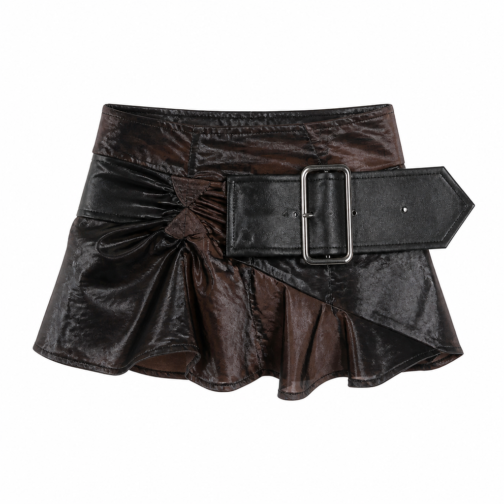 Grunge Patchwork Faux Leather Mini Skirt with Belt