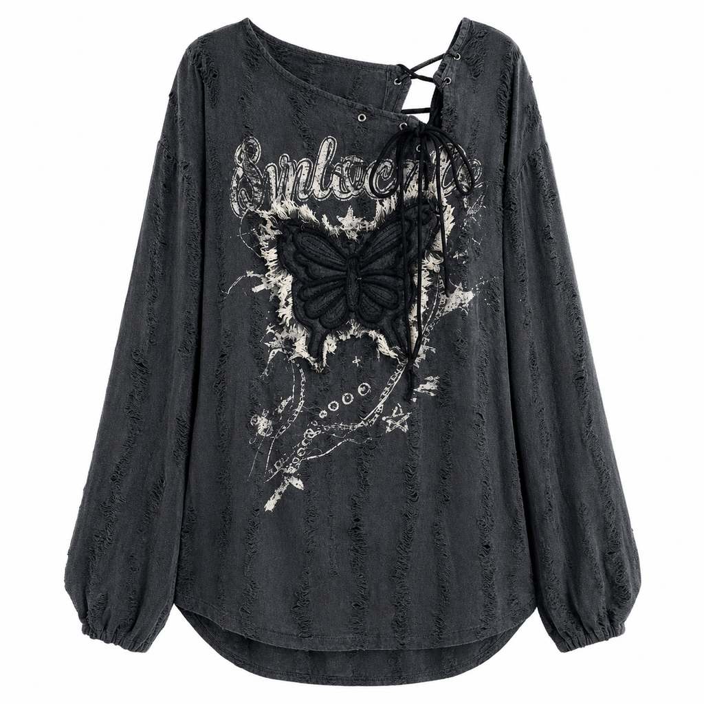 Women's Butterfly Graphic Lace-Up Long-Sleeve Top