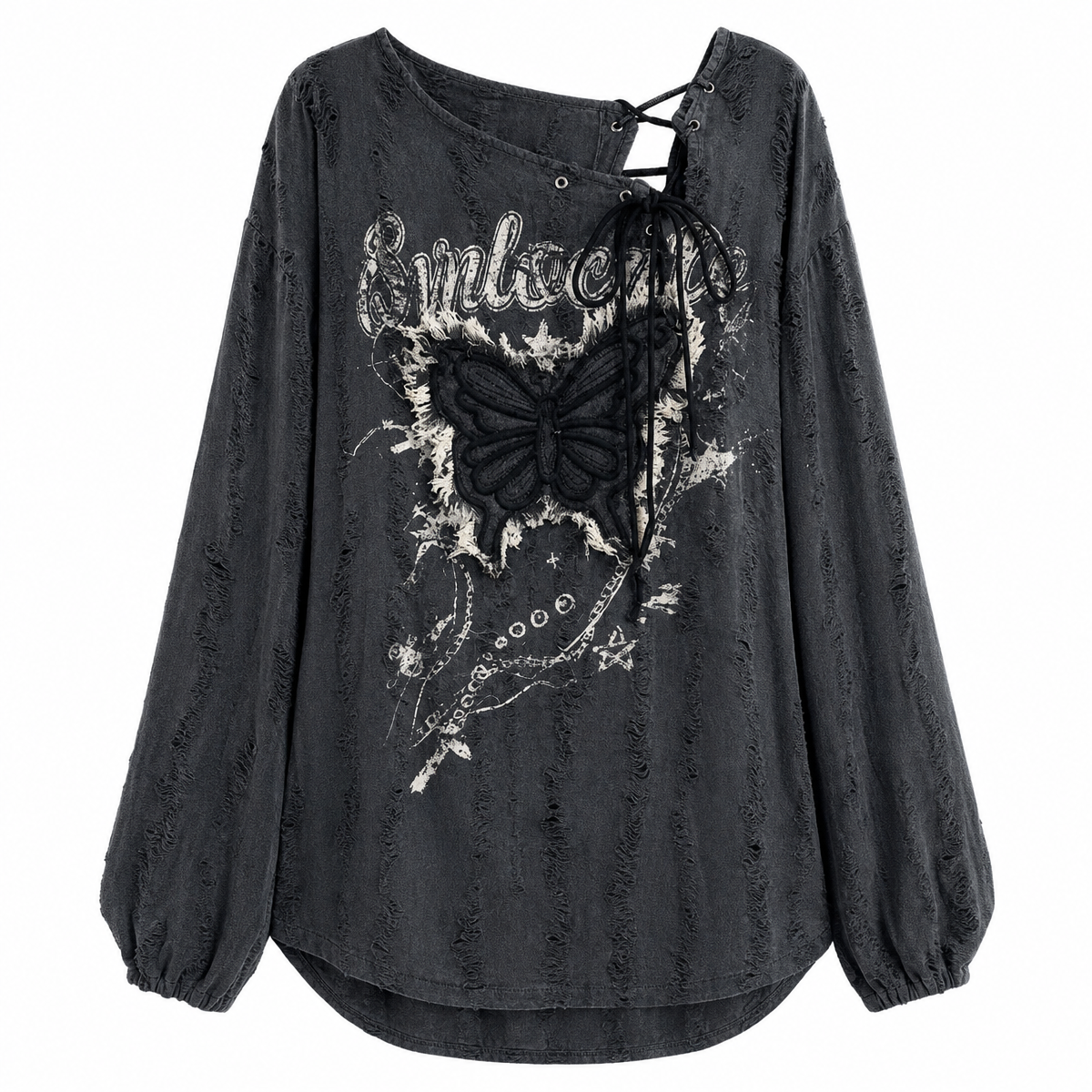 Women's Butterfly Graphic Lace-Up Long-Sleeve Top