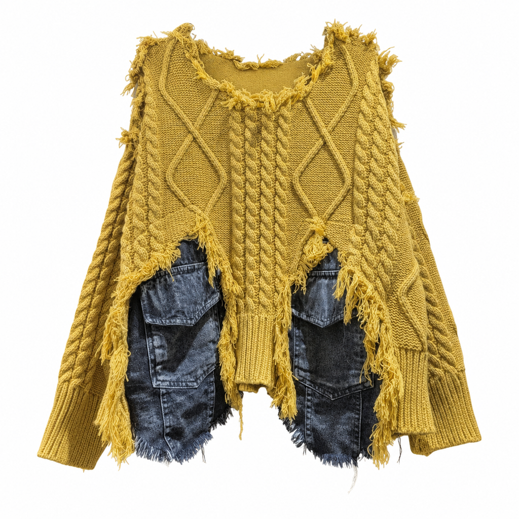 Women's Yellow Patchwork Knit Sweater with Denim Pockets