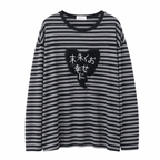 Gray Striped Long-Sleeve Top with Embroidered Heart Graphic