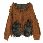 Grunge Patchwork Knit Sweater with Denim Pockets