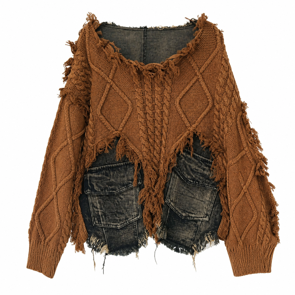 Grunge Patchwork Knit Sweater with Denim Pockets