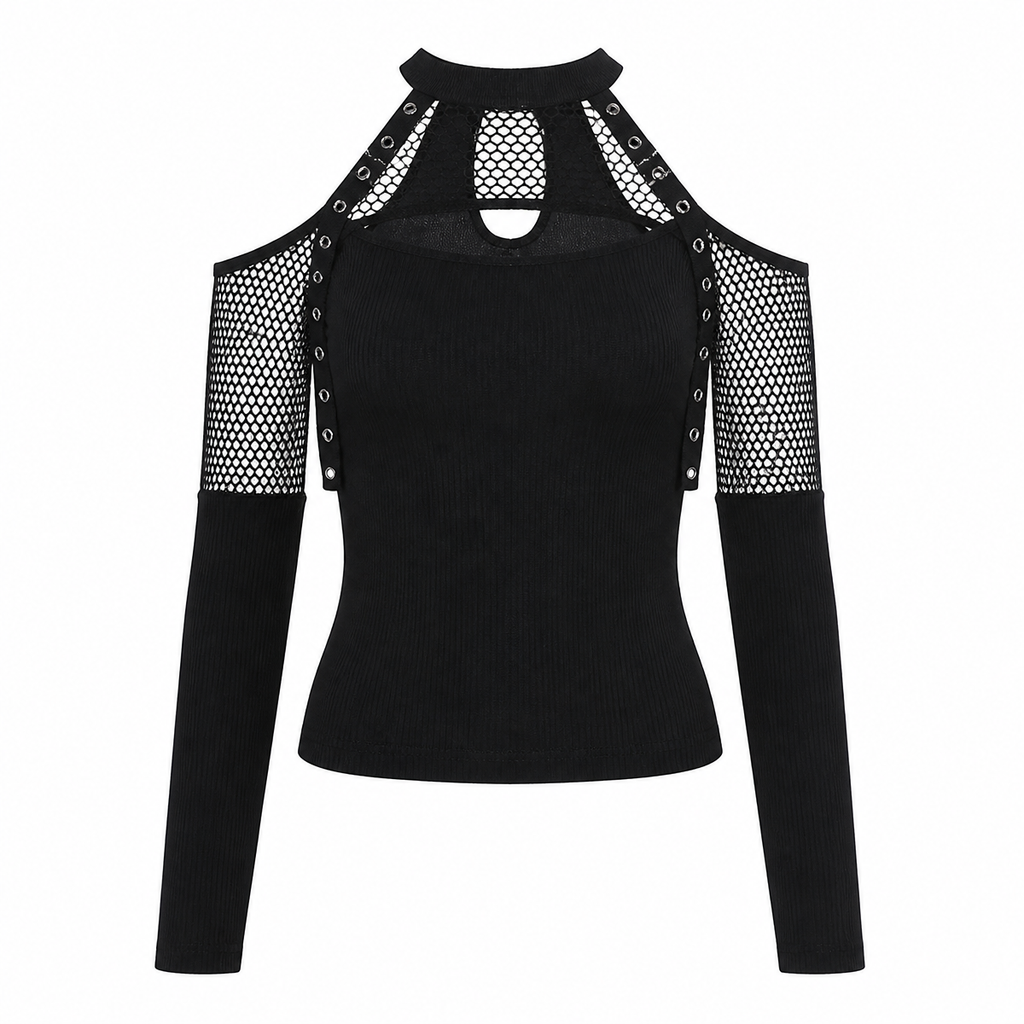 Grunge Black Fishnet Panel Off-Shoulder Halter Top