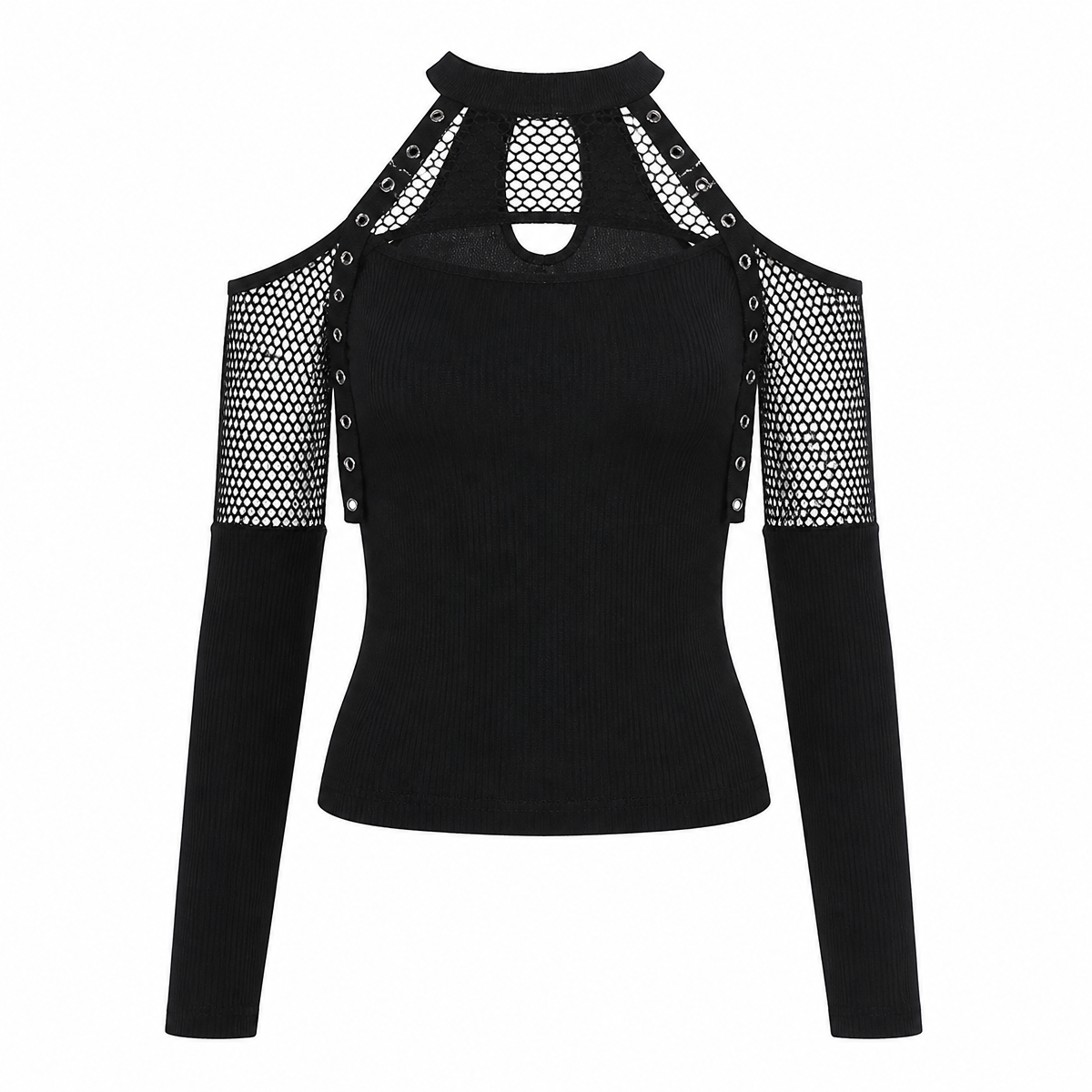 Grunge Black Fishnet Panel Off-Shoulder Halter Top