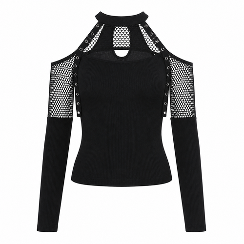 Grunge Black Fishnet Panel Off-Shoulder Halter Top